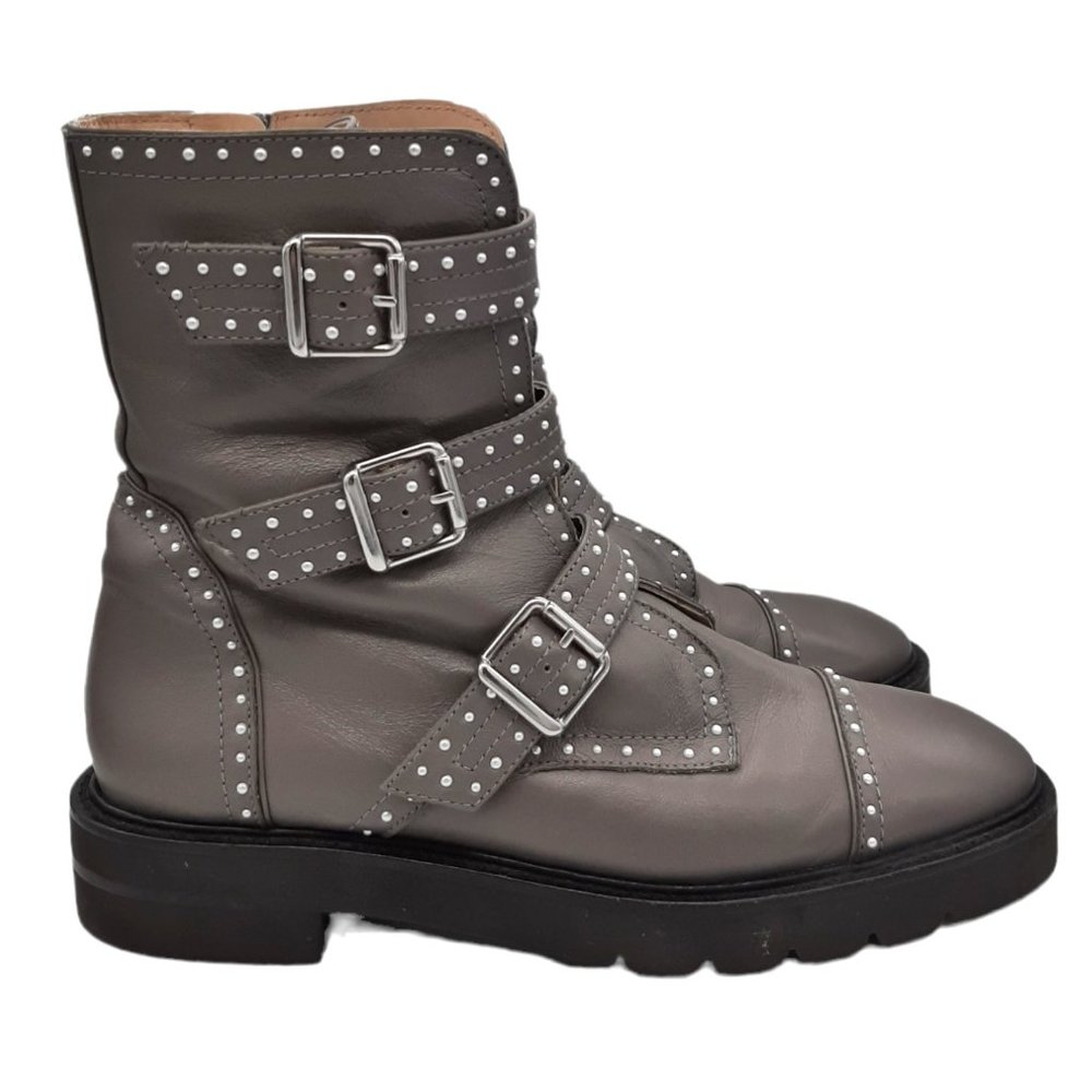 Stuart Weitzman Gray Jesse Lift Pearl Studded Leather Punk Combat Boots SZ 7.5